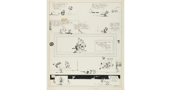 A black-and-white drawing of an eight panel cartoon featuring a cat with a headache, a dog, and a mouse with a pile of bricks.