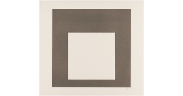 An abstract color print of three squares nested from largest to smallest in dark brown, medium brown, and cream.