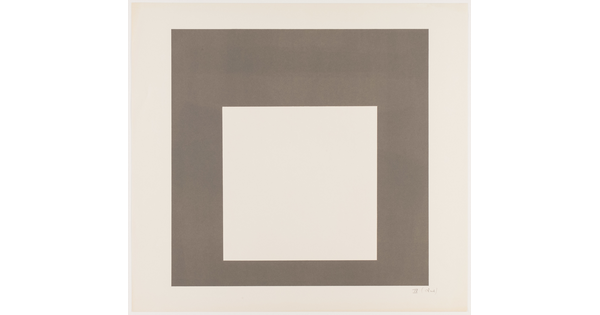 An abstract color print of three squares nested from largest to smallest in dark brown, medium brown, and cream.