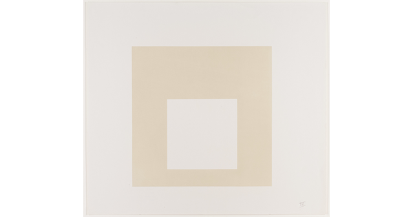 An abstract color print of two squares nested from largest to smallest in cream and white.