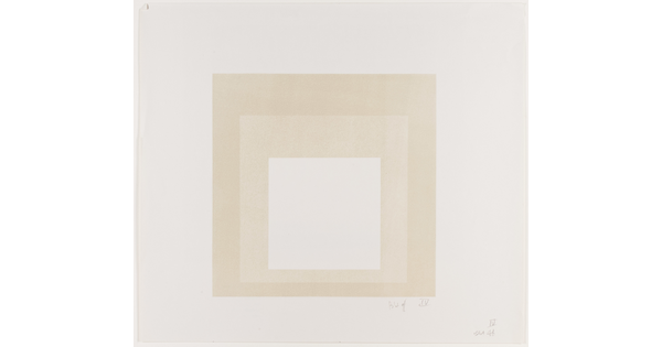 An abstract color print of three squares nested from largest to smallest in cream, light cream, and white.