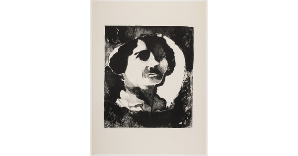 An abstract black-and-white print of a person's head on a splotchy black background.