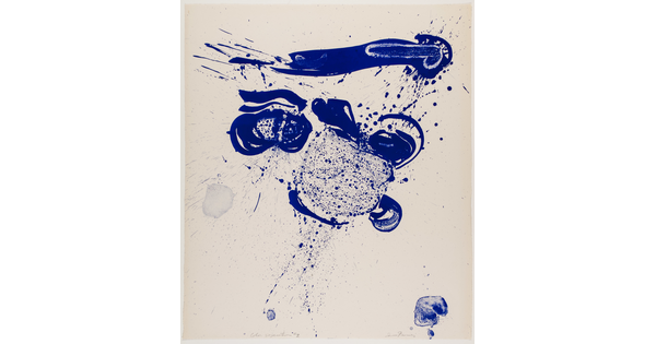 An abstract color print of blue ink blots, streaks, and splatters primarily in the top half of the sheet.