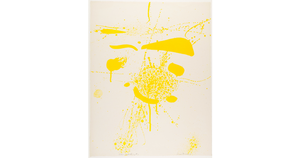 An abstract color print of yellow ink blots, streaks, splatters, and drips primarily at center of sheet.