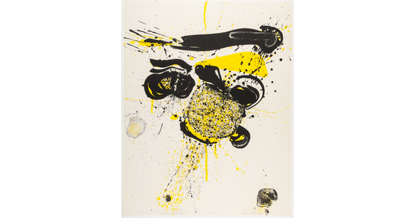 An abstract color print of yellow and black ink blots, streaks, splatters, and drips primarily at center of sheet.
