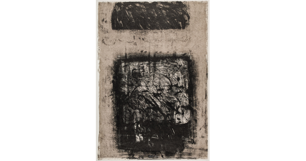 An abstract black-and-white print of thick, sketchy black marks in two rectangular shapes on a gray background.