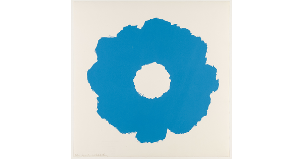 An abstract color print of a blue, flower-like shape with a white circle in the middle.