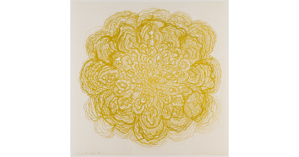 An abstract color print consisting of fine yellow lines overlapping to create a flower-like shape.