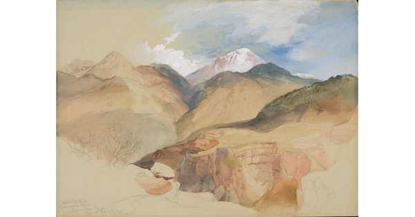 A watercolor sketch of mountains and canyons against a blue sky.