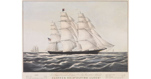 A color print of a large clipper ship on a choppy sea over the words &quot;Clipper Ship &#039;Flying Cloud&#039;&quot; and other information about the ship.