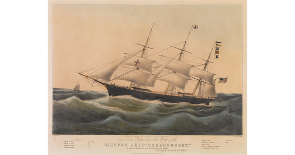 A color print of a ship with many large, white sails on a rough ocean with text outlining details of the vessel below it.