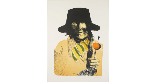 A drawing-like color print of the bust of an American Indian man in contemporary clothing holding a paintbrush in his hand.