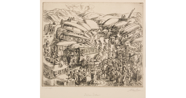 A black-and-white print of a circle of overcrowded buses parked in front of an adobe pueblo and crowds of people encircling Native American figures who appear to be dancing.