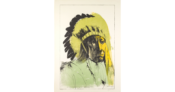 A color print of an Indigenous man wearing a feathered headdress with green and yellow swaths of color.
