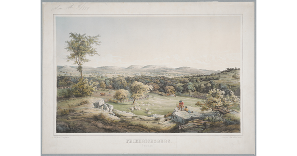 A color print of a landscape of green trees, hills, and pastures with two people resting on a rock in the foreground.