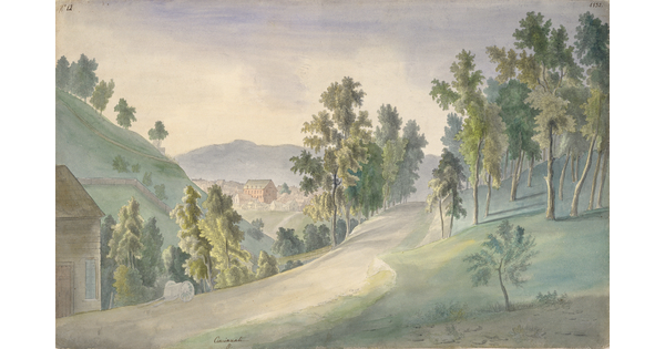 A watercolor of a dirt road surrounded by hills and trees and a city nestled between hills in the distance.