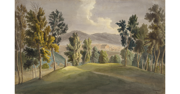 A watercolor of a tree-covered, green hill with a city in the valley in the distance.