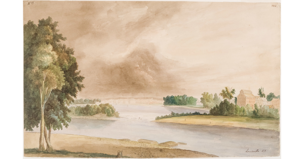 A watercolor of a wide river with trees along both sides and buildings on the opposite shore.