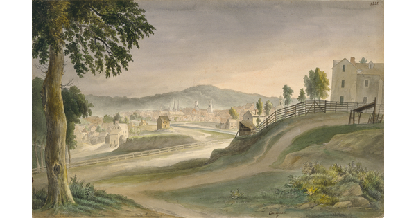 A watercolor of a city from the top of a hill next to a farmhouse.