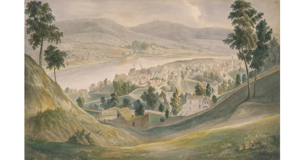 A watercolor of a city and wide river seen from the top of a green hill.