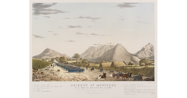 A color print of a group of soldiers marching on a dirt road past several structures with thatched roofs; tall mountains in the background.