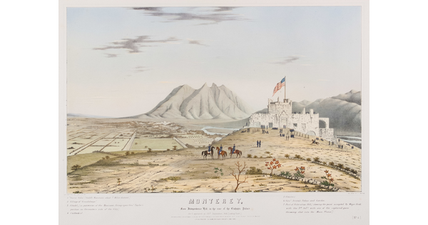 A color print of a group of men, some on horseback, on a grassy hill in front of a white, castle-like building flying an American flag.