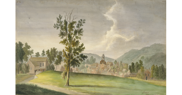 A watercolor landscape of a farmhouse on a hill that overlooks a city nestled in a valley between hills.