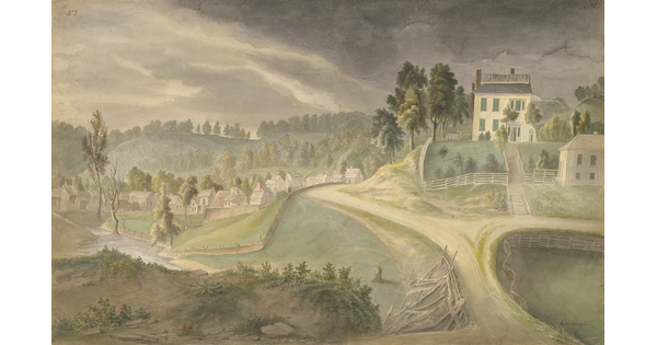A watercolor of a large house and green yard surrounded by a white fence overlooking a town nestled in the hills.