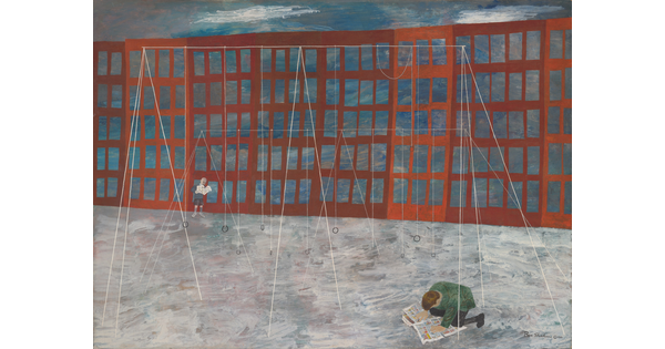 A painting of two children reading comics on a playground outside of an apartment building.