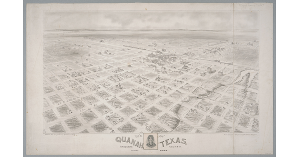 A pencil and ink drawing of a bird's eye view of a town, showing its grid of streets and a railroad in the distance.