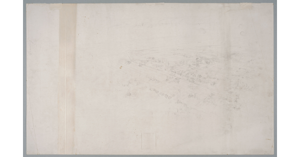 A faint pencil sketch of a bird's eye view of a town showing its grid of streets.