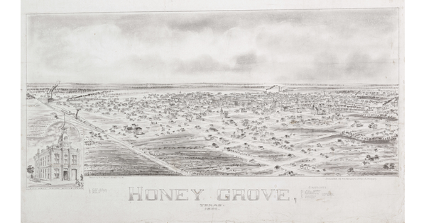 A black-and-white drawing of a bird's-eye view of a town, with a detail of city hall at lower left.