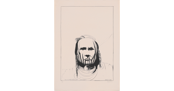 A black-and-white drawing of the bust of an American Indian man with a painted face looking directly at the viewer.