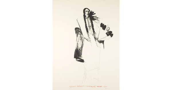 A black-and-white portrait print of an Indigenous person with long braids, holding feathers, a blanket around their shoulders.