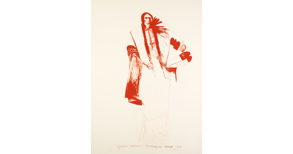 A color portrait print in red of an Indigenous person with long braids, holding feathers, a blanket around their shoulders.
