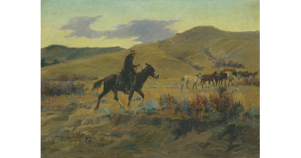 An oil painting of a cowboy on horseback following behind herd of riderless horses through a hilly landscape.