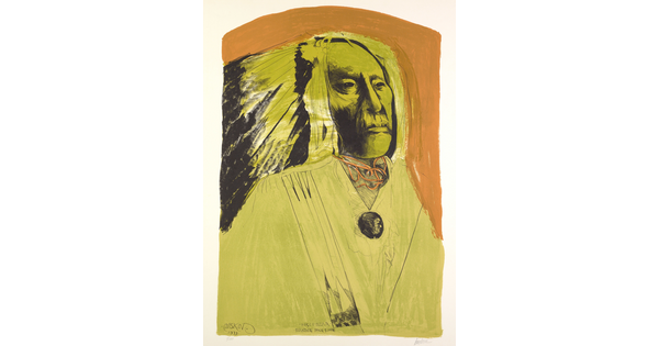 A color portrait print in yellows, oranges, and black of an older Native American in regalia including feathered headdress.