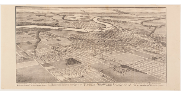 A black-and-white print of a bird's eye view of a city, showing its grid of streets, on the banks of a winding river and trains traveling in the distance.