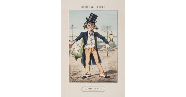 A color print of an older White man wearing a top hat and three-piece suit holding a bag that says "Green backs" and standing in front of a train that says "Progress."