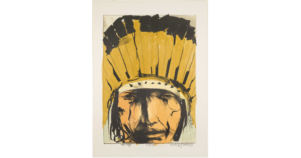 A black, white, and yellow drawing of a close-up of an American Indian face wearing a feather headdress.