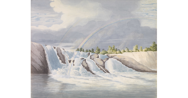 A watercolor of rushing water tumbling over rocky cliffs beneath double rainbows in a cloudy sky.
