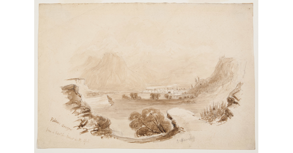 A brown ink drawing of a town nestled between tall mountains.