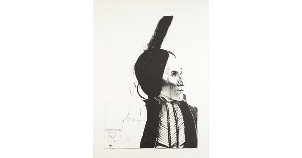 A black-and-white portrait print of an Indigenous person in profile, a feather standing up from their head, wearing a bone breastplate.