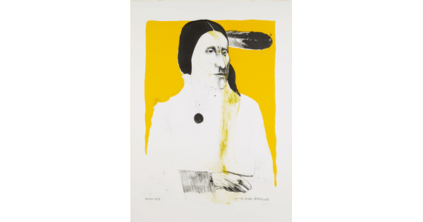 A color portrait print of an Indigenous person with a feather sideways in their hair, arms crossed in front of them, against a yellow background.