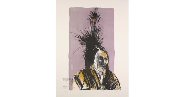 An abstract color print of a Native American man wearing a patterned shawl and tall feathers on his head.