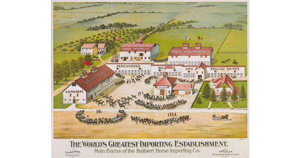 A color print of a bird's eye view of horses and trainers gathered outside of a barn complex with "The World's Greatest Importing Establishment" written under the scene.