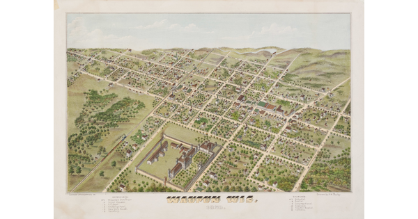 A color print of an aerial view of a town showing the grid of streets on green hills.