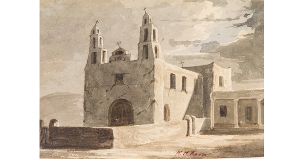 A mixed-media watercolor in earthtones of the exterior of an adobe mission church.