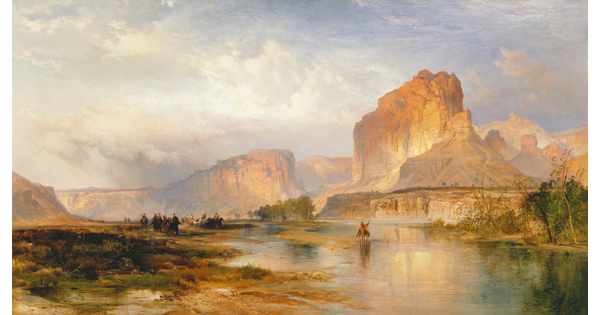 An oil painting of a majestic view of reddish cliffs and people on horseback crossing a river.