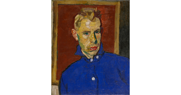 Painted with thick brushstrokes and unblended colors, a portrait of a man in three-quarters profile wearing a blue shirt posed in front of a framed red rectangle.